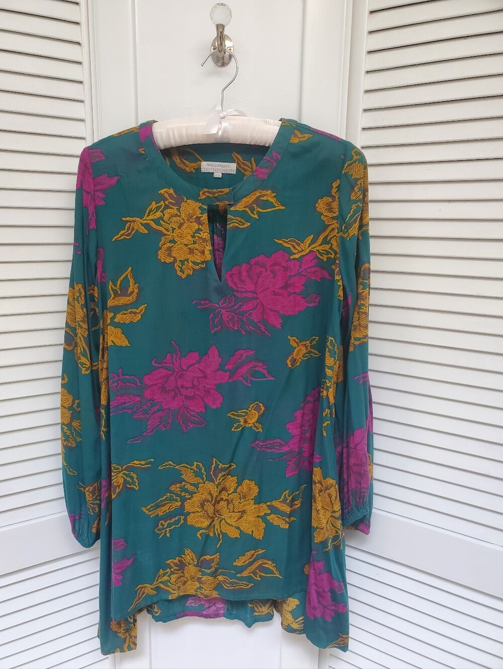 Cost Plus World Market Teal Tunic with Pink and Mustard Floral Accents L/XL